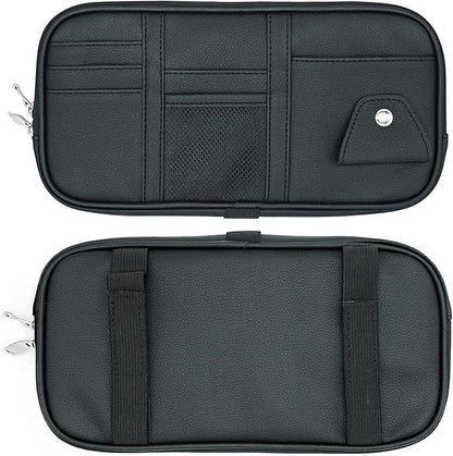 Da by Car Visor Organier Truck SUV Sun Visor Storage Pocket PU Leather Pouch Holder with Multi-Pocket Double Zipper Net Pocket, for Cards Pens Sunglasses Document (Black)