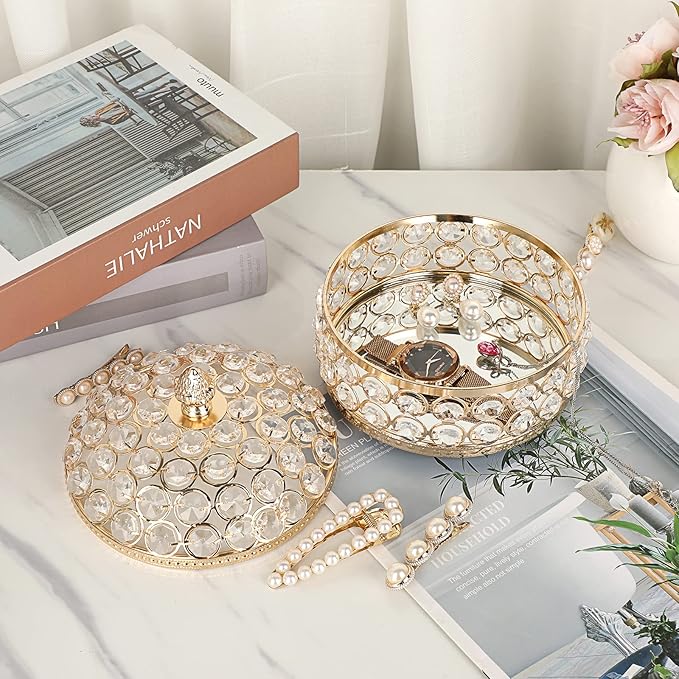 Hipiwe Crystal Jewelry Box Jewelry Trinket Organizer Box Gold Treasure Box Luxury Home Decor Ring Earrings Storage Holder Keepsake Box for Women,X-Large
