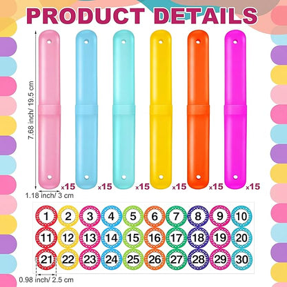 Remerry 90 Pcs Travel Toothbrush Holder Case with 1-30 Number Stickers Portable Pencil Case Multipurpose Toothpaste Boxes for Pencil Organization Back to School Student Gifts from Teacher, 6 Colors