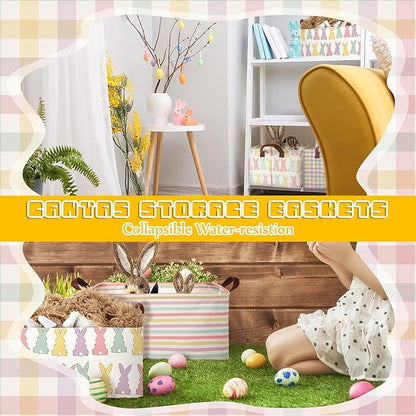 Boao 3 Pcs Easter Storage Bin Rectangular Bunny Basket Box with Handle Collapsible Large Storage Baskets Foldable Rabbit Box for Easter Party Decoration