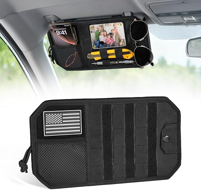 Car Sun Visor Organizer,Truck Accessories with Photo Frame & Zippered Pocket, Universal Visor Organizer Bag with Acrylic Window, Fits Most Cars for Storage