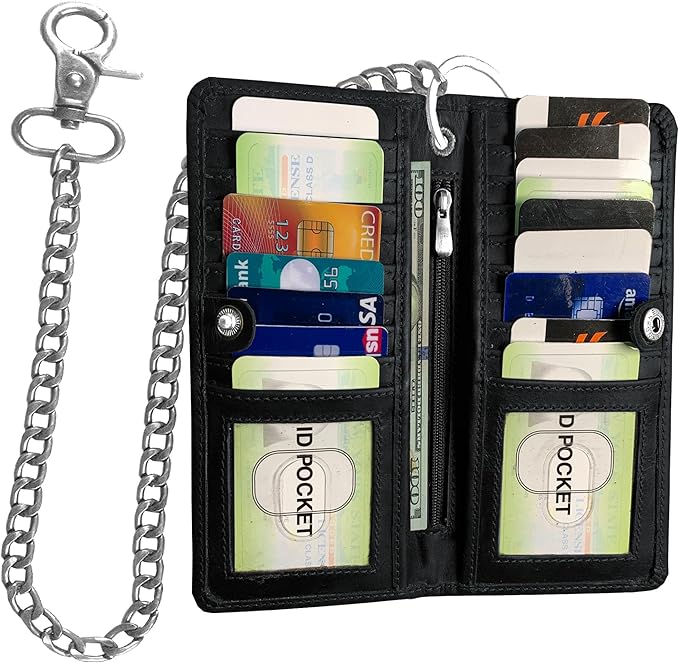 IBRO Long Bifold Chain Wallet – RFID Blocking Biker Wallet for Men – Premium Leather Motorcycle Chain Wallet Crazy Horse Black