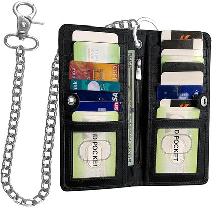 IBRO Long Bifold Chain Wallet – RFID Blocking Biker Wallet for Men – Premium Leather Motorcycle Chain Wallet Crazy Horse Black