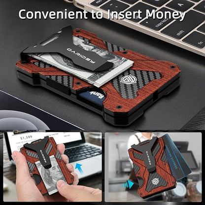 Minimalist Wallet for Men- Slim Aluminum Metal Money Clip Wallet with Clear ID Card Holder, Carbon Fiber Wallet, RFID Blocking,Holds up 15 Cards with Cash Clip,Ultra-Thin Tactical Wallet - Rosewood
