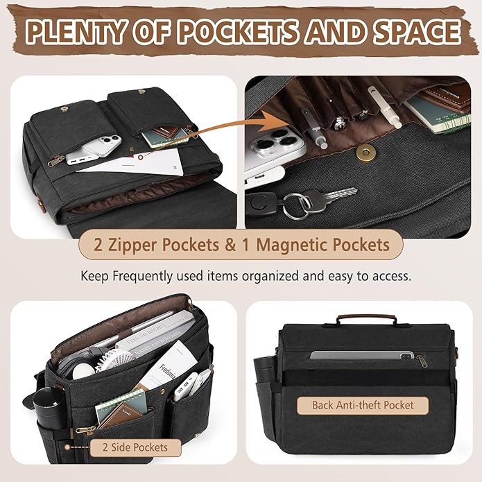 RAINSMORE Messenger Bag for Men, 15.6-17.3 inch Laptop Bag, Canvas Briefcase with Luggage Strap, Satchel for College Work