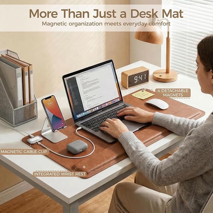 Magnetic Desk Mat System with Wrist Support 80×40cm, Premium Leather Desk Pad with Magnetic Accessories, Waterproof Non-Slip Desk Organizer for Office & Gaming