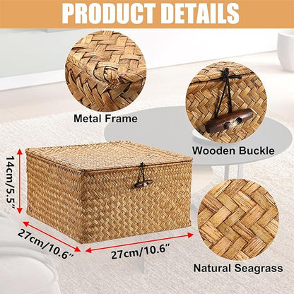 Hipiwe Handwoven Seagrass Basket Bin Square Household Storage Container with Lid Wicker Shelf Basket Bin for Bookshelf Living Room Bath Room, Large Caramel