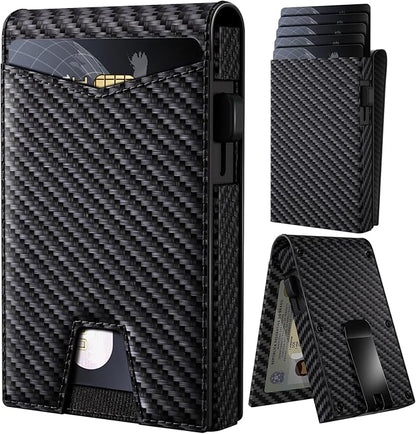 Wallet for Men, Gift Boxed Slim Minimalist Wallet for Men with Money Clip and Genuine Leather Slots RFID Blocking Pop Up Metal Aluminum Smart Wallet Card Case (Carbon Fibre Black)