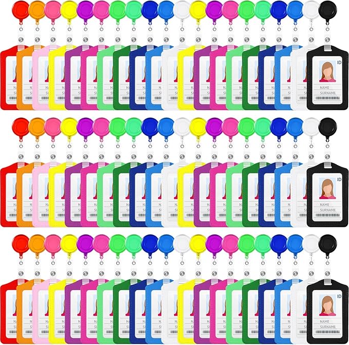 60 Sets Retractable Badge Reels, PU Leather Name Badge Holder, Multicolor ID Holder Key Card Holder Vertical ID Badge with Reel Clip for Office Business Worker Teachers Students Nurses Doctor