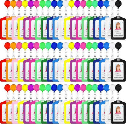 60 Sets Retractable Badge Reels, PU Leather Name Badge Holder, Multicolor ID Holder Key Card Holder Vertical ID Badge with Reel Clip for Office Business Worker Teachers Students Nurses Doctor