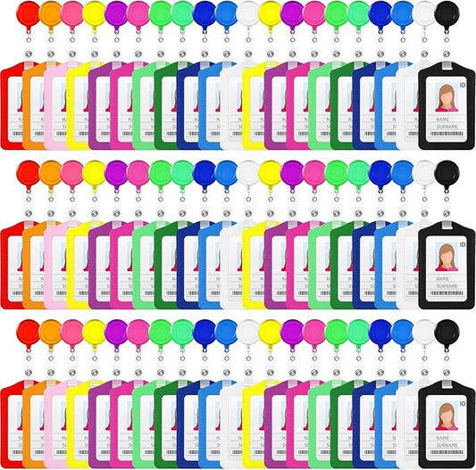 60 Sets Retractable Badge Reels, PU Leather Name Badge Holder, Multicolor ID Holder Key Card Holder Vertical ID Badge with Reel Clip for Office Business Worker Teachers Students Nurses Doctor