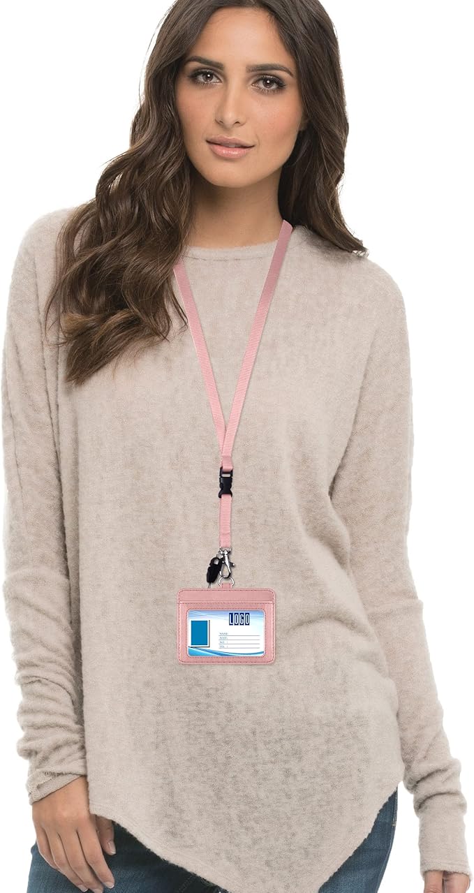 Wisdompro 2-Sided PU Leather ID Badge Holder with 1 ID Window and 1 Card Slot and 1 piece 22 Inch Polyester Detachable Neck Lanyard Strap (Holds 3 to 4 Cards) - Horizontal (Rose Gold)