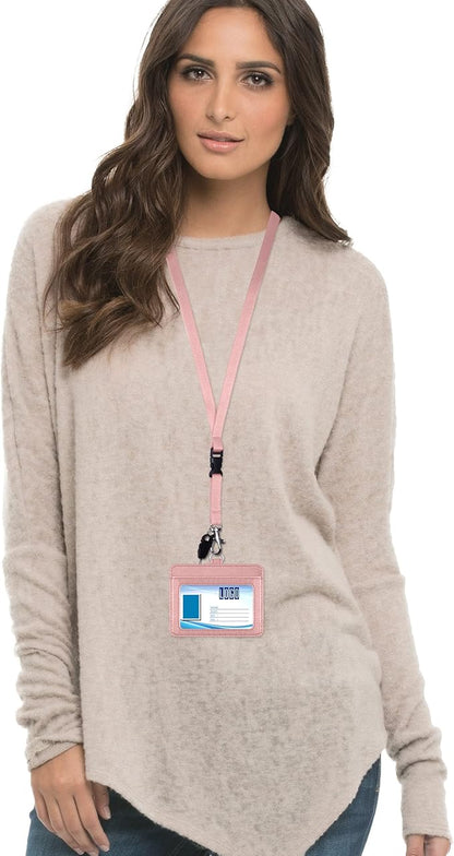 Wisdompro 2-Sided PU Leather ID Badge Holder with 1 ID Window and 1 Card Slot and 1 piece 22 Inch Polyester Detachable Neck Lanyard Strap (Holds 3 to 4 Cards) - Horizontal (Rose Gold)