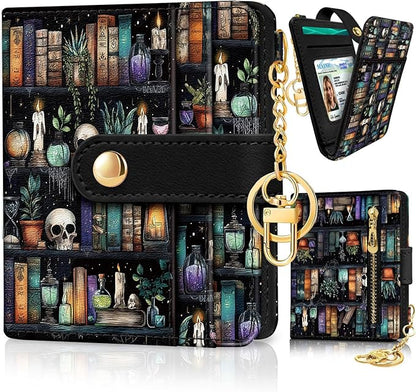 Jogjam Bookshelf and Skull Goth Gothic Skeleton Rfid Women Wallet, Small Slim Thin Compact Travel Credit Card Wallet, PU Leather Bifold Cash Wallet, Zipper Coin Pocket ID Window, Female Ladies Gifts