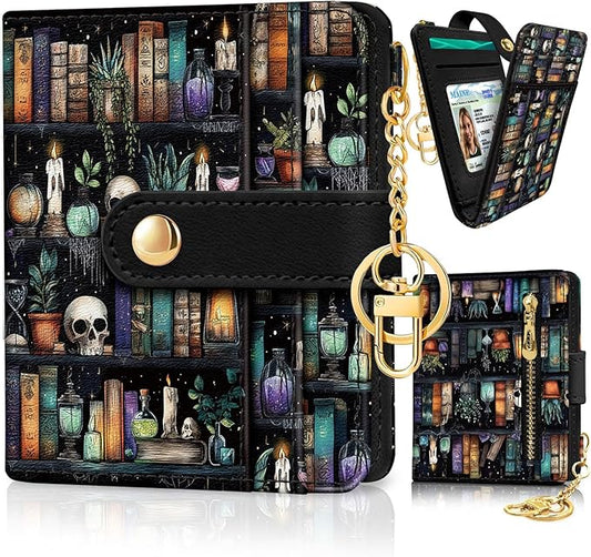 Jogjam Bookshelf and Skull Goth Gothic Skeleton Rfid Women Wallet, Small Slim Thin Compact Travel Credit Card Wallet, PU Leather Bifold Cash Wallet, Zipper Coin Pocket ID Window, Female Ladies Gifts