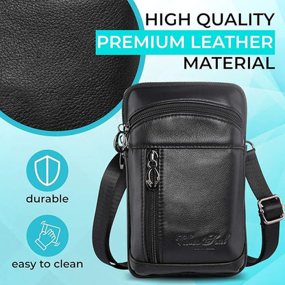 hengwin Small Leather Crossbody Shoulder Bag Men Belt Clip Phone Holster Case Belt Loop Pouch Waist Bag Pack Fit for iPhone 17/16/15/14/13 Pro Max Galaxy Note 9 8 S25/S24/S23 Ultra (Black)