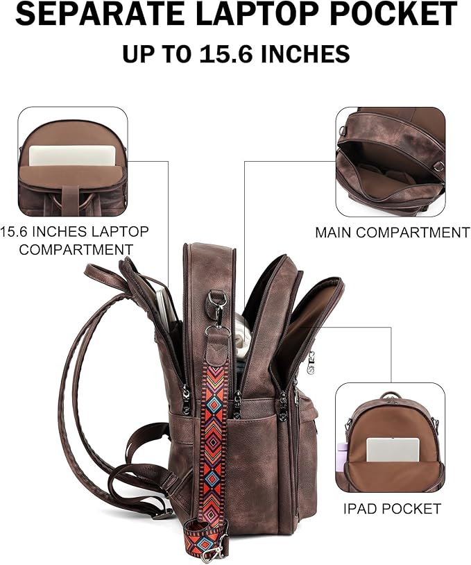 FADEON 15.6 inch Laptop Backpack Purse for Women Designer PU Leather Computer Backpacks Fashion for Work Travel Coffee Brown