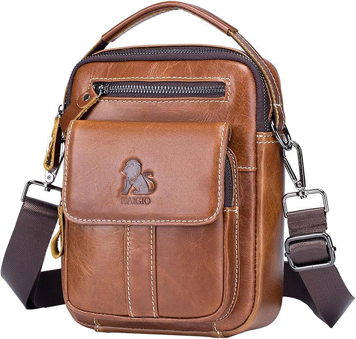 BAIGIO Genuine Leather Small Messenger Bag for Men Crossbody Shoulder Bag for Ipad MIni Handbag Man Purse for Daily Business | Genuine Leather, Small, for Ipad Mini, Man Purse, for Daily Business