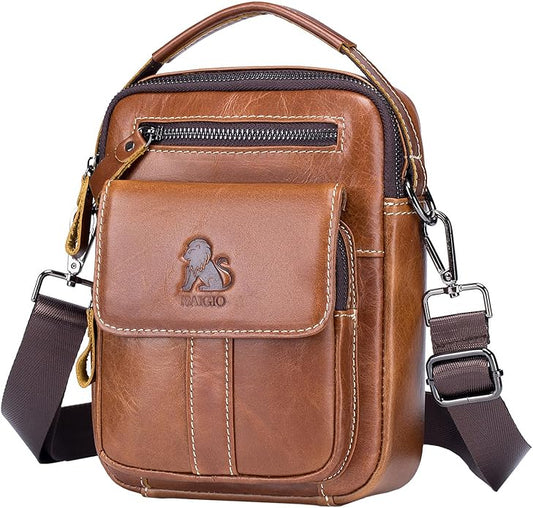 BAIGIO Genuine Leather Small Messenger Bag for Men Crossbody Shoulder Bag for Ipad MIni Handbag Man Purse for Daily Business | Genuine Leather, Small, for Ipad Mini, Man Purse, for Daily Business
