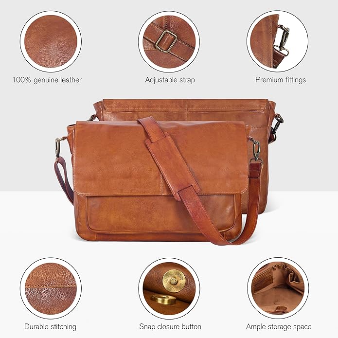 Oak Leathers Leather Messenger Bag for Men and Women - Laptop Briefcase Bag For College, Office, Adjustable Shoulder Strap
