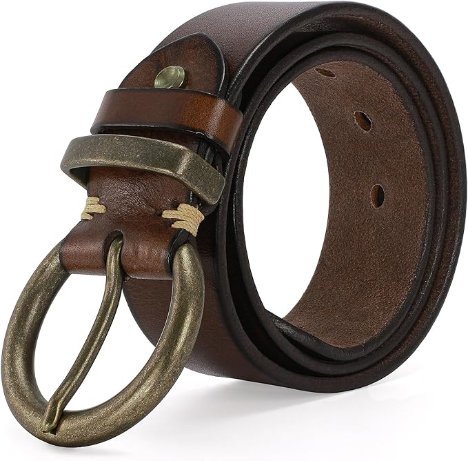 Women's 1.5 inch Leather Belt with Large Brass Buckle - Trendy Vintage Style for Jeans and Pants