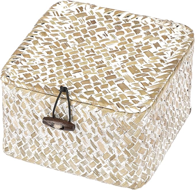Hipiwe Wicker Shelf Baskets with Lid Handwoven Seagrass Storage Box Decorative Basket Bin Household Organizer Bin for Shelf Bathroom Coffee Table Decor Organizer, X-small