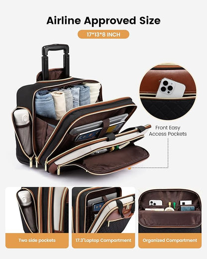 LOVEVOOK Rolling Laptop Bag Women, 17.3 Inch Laptop Briefcase with Wheels for Work Travel Business, Underseat Carry On Luggage Case,Green-Beige