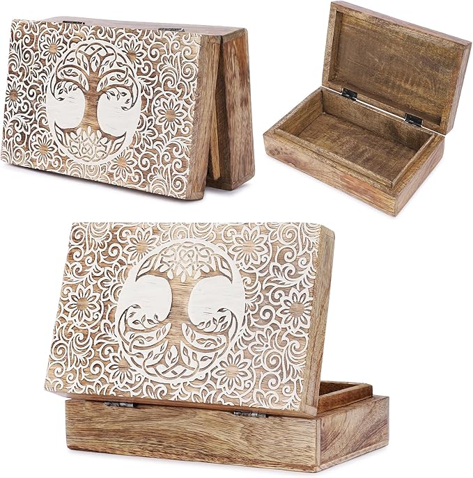 Ajuny Tree of Life Pattern Decorative Box Keepsake Trinket Holder Treasure Chest Jewelry Organizer for Necklaces Watch Storage Boxes Great for Gift- 8X5 Inch