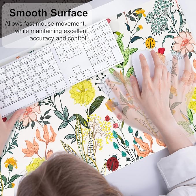 QiyI Floral Large Mouse Pad, Colorful Desk Mat for Desktop, Women Girls Desk Accessories Office Décor, PU Leather Waterproof Big Gaming Mousepad, Blooming Flowers Desk Pad Computer Mat, 31.5" x 15.7"