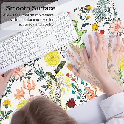 QiyI Floral Large Mouse Pad, Colorful Desk Mat for Desktop, Women Girls Desk Accessories Office Décor, PU Leather Waterproof Big Gaming Mousepad, Blooming Flowers Desk Pad Computer Mat, 31.5" x 15.7"