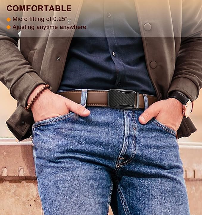 BULLIANT Mens Ratchet Belt,Leather Adjustable Slide Belt For Gift Mens Dress Casual 1 3/8",Size Adjustable