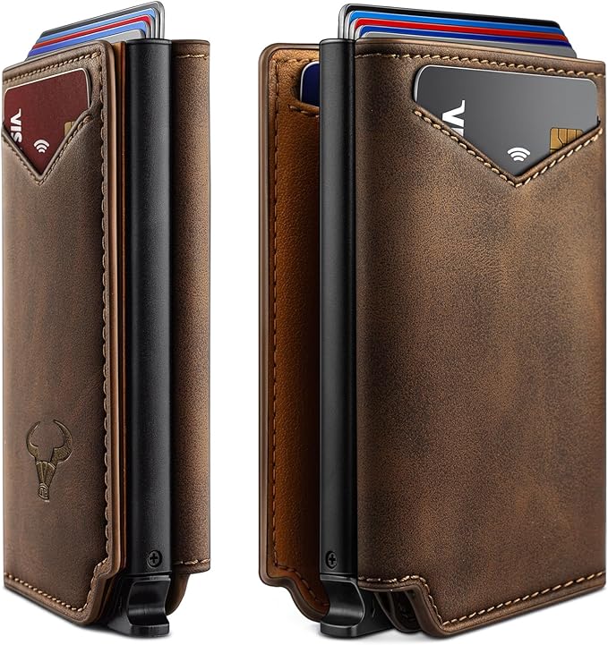 BULLIANT Men Wallet Leather Wallet Card Holders Money Clip for Men 10Cards-Magnetic Flip on Metal Case