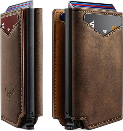 BULLIANT Men Wallet Leather Wallet Card Holders Money Clip for Men 10Cards-Magnetic Flip on Metal Case