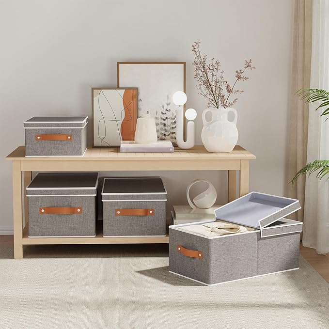 3-Pack Storage Boxes, Foldable Blanket Basket with Detachable Lid, Linen Closet 0rganizers with Double Handles, Collapsible Cubes for Organizing, Grey, 18.5 x 11 x 7.9 in