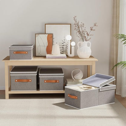 3-Pack Storage Boxes, Foldable Blanket Basket with Detachable Lid, Linen Closet 0rganizers with Double Handles, Collapsible Cubes for Organizing, Grey, 18.5 x 11 x 7.9 in