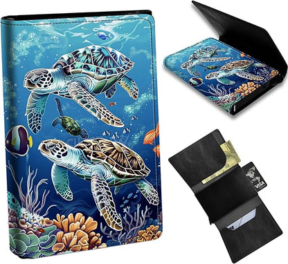 Sea Turtles Minimalist Wallet for Men, Pop Up Card Case Wallet for Women, PU Leather Automatic Credit Card Holder Metal Money Clip Wallet RFID Blocking Bifold Pocket Wallet