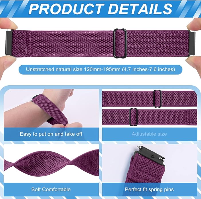 Compatible with 16mm 18mm 19mm 20mm 22mm 24mm Watch Bands Quick Release Replacement Wristband,Adjustable Stretchy Nylon Solo Loop Straps Fabric Braided Sport Elastic Bands for Men Women