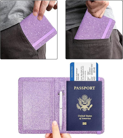 ACdream Unisex Faux Leather Passport and Vaccine Card Holder, Glitter Purple, RFID Blocking, Protects Valuable Information