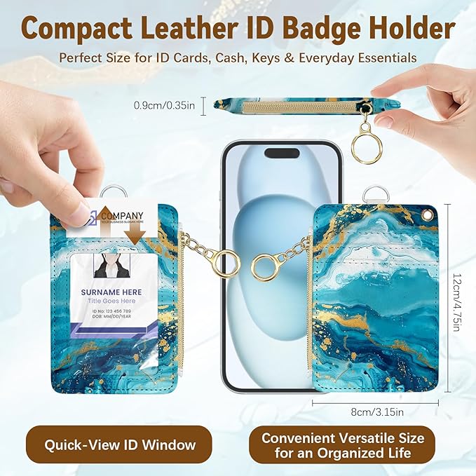 Blue Waves Leather Badge Holder with Zipper Pocket, Sea Work Lanyards and 1 Zip Pocket and 4 Card Slots, Gamer Breakaway Lanyards with Metal Clasp for Boys, Adult, Teachers