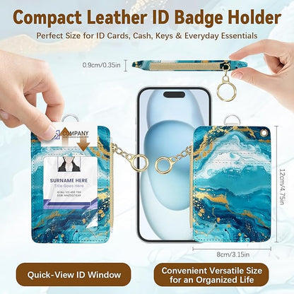Blue Waves Leather Badge Holder with Zipper Pocket, Sea Work Lanyards and 1 Zip Pocket and 4 Card Slots, Gamer Breakaway Lanyards with Metal Clasp for Boys, Adult, Teachers