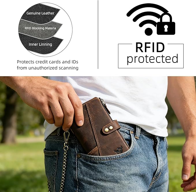 Genuine Crazy Horse Leather Travel Gift Coin Pocket Card Case Long Organizer Chain Rfid Wallet Purse With Snap For Men Male 1803 1815 (1803 Coffee)