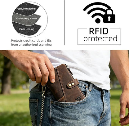 Genuine Crazy Horse Leather Travel Gift Coin Pocket Card Case Long Organizer Chain Rfid Wallet Purse With Snap For Men Male 1803 1815 (1803 Coffee)