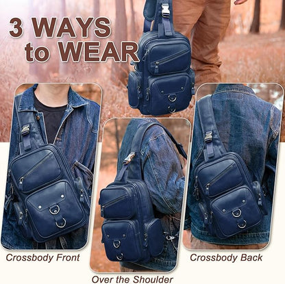 Genuine Leather Sling Bag for Men Large Crossbody Shoulder Bag Casual Sling Backpack Anti-Theft Travel Chest Purse