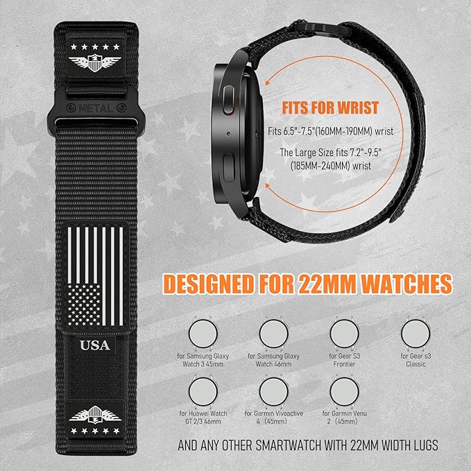 22mm Band Compatible with Samsung Galaxy Watch 3 Band 45mm/Galaxy Watch 46mm/Gear S3 Frontier/Classic for Men,Rugged Fabric Nylon Strap for Garmin Venu 3 2/Vivoactive 4/Forerunner 265/255,L