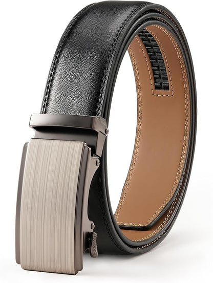 Men's Leather Ratchet Belt, 1-3/8" Wide, Auto Buckle, Trim-to-Fit, No Holes, Casual & Dress, Gift Box