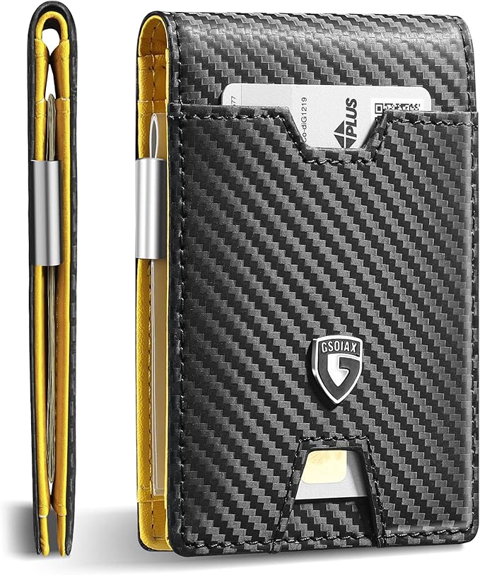 GSOIAX Men's Slim RFID Blocking Leather Wallet with Money Clip | Minimalist Carbon Fiber Bifold Credit Card Holder | 11 Card Slots | Gift Box Included(Carbon Yellow)