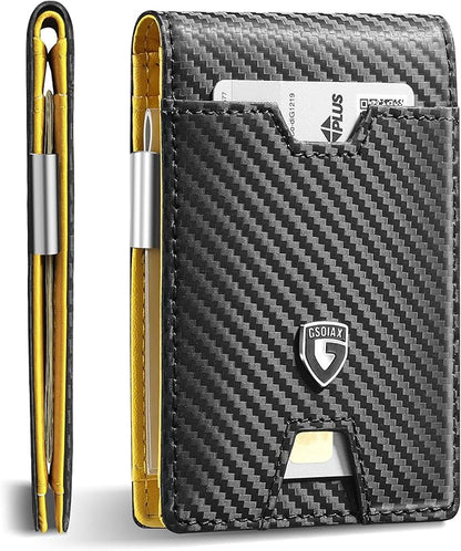 GSOIAX Men's Slim RFID Blocking Leather Wallet with Money Clip | Minimalist Carbon Fiber Bifold Credit Card Holder | 11 Card Slots | Gift Box Included(Carbon Yellow)