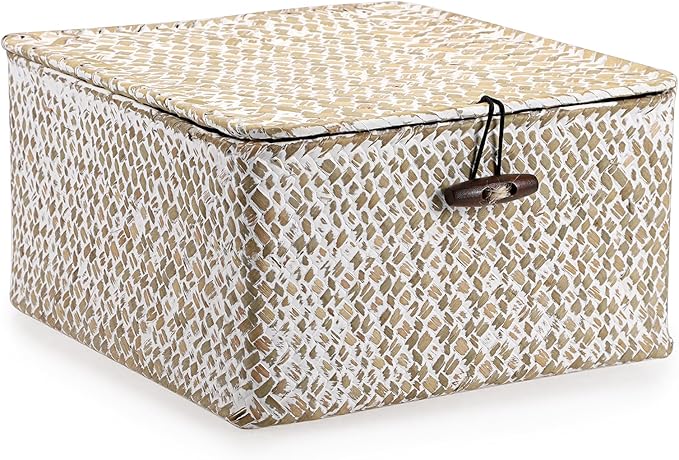 Hipiwe Handwoven Seagrass Basket with Lid Square Wicker Basket Bin Closet Storage Box Multipurpose Household Organize Container for Home Decor, Small,Whitewash