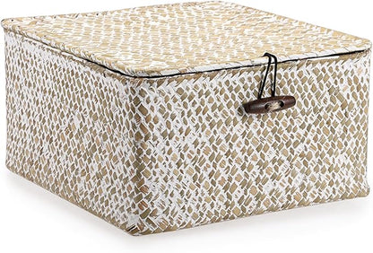 Hipiwe Handwoven Seagrass Basket with Lid Square Wicker Basket Bin Closet Storage Box Multipurpose Household Organize Container for Home Decor, Small,Whitewash