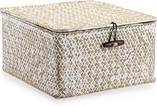 Hipiwe Handwoven Seagrass Basket with Lid Square Wicker Basket Bin Closet Storage Box Multipurpose Household Organize Container for Home Decor, Small,Whitewash